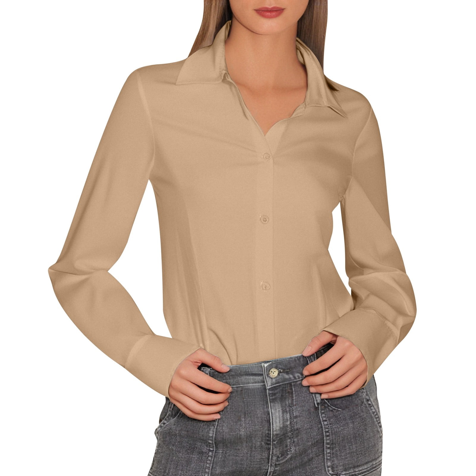 Women's Fashion Lapel Long Sleeve Linen Button Down Slim Fit Shirt 1 ...