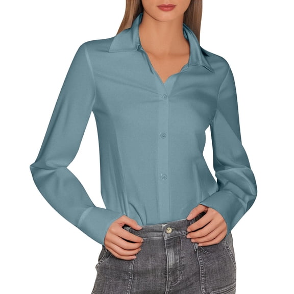 Women's Fashion Lapel Long Sleeve Linen Button Down Slim Fit Shirt 1