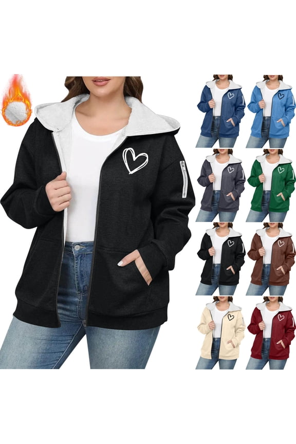 Women's Fashion Large Size Solid Color Zipper Hooded Plus Velvet Thickened Sweater Drop Shoulder Long Sleeve Outwear | Aestivo,Black L