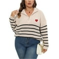 thumbnail image 1 of Women's Fashion Large Size Striped Stitching Half-Turtleneck Zipper Heart Knitted Sweater for Unique and Stylish Looks,Beige,L, 1 of 5