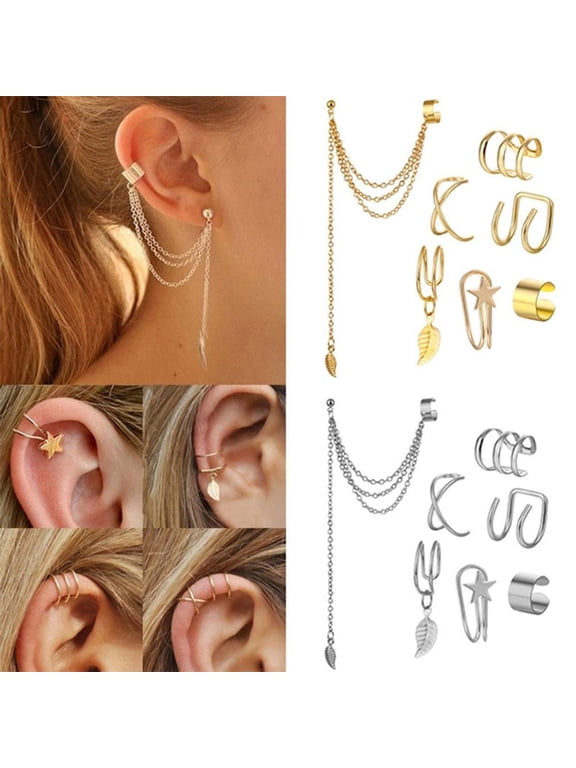 Women's Fashion Leaf Chain Tassel Dangle Ear Cuff Wrap Clip-On Earrings Gold Tone No Piercing Jewelry