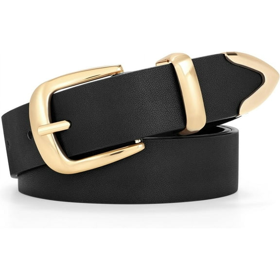 Women's Fashion Leather Belt Ladies Gold Buckle Leather Belt for Jeans Pants Dresses