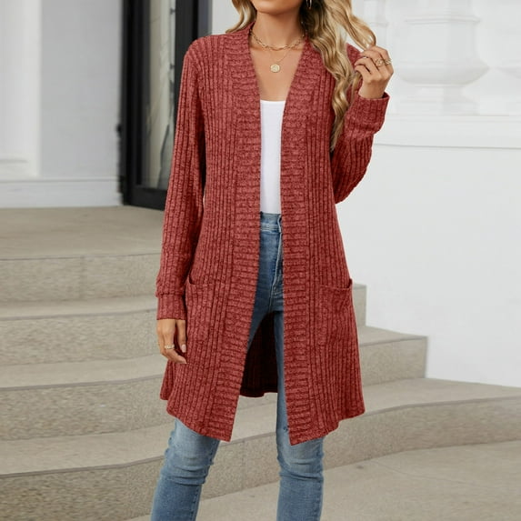 Women's Fashion Leisure Outdoor Autumn And Winter Long Solid Color Long Sleeve Loose Pocket Cardigan Jacket Cardigan Womens Long Sleeve Button down Knit Cardigan Sweater Creme Cardigan Ladies Short