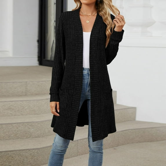 Women's Fashion Leisure Outdoor Autumn And Winter Long Solid Color Long Sleeve Loose Pocket Cardigan Jacket Cardigan Womens Long Sleeve Button down Knit Cardigan Sweater Creme Cardigan Ladies Short