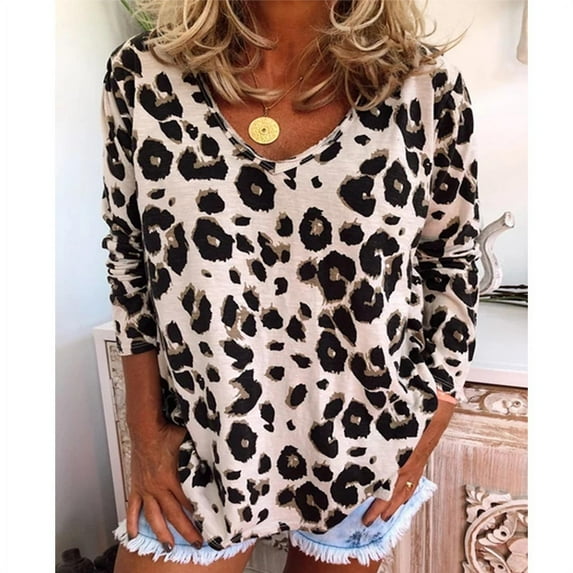Women's Fashion Leopard Print V-neck Shirts Casual Long-Sleeve Blouses Tops