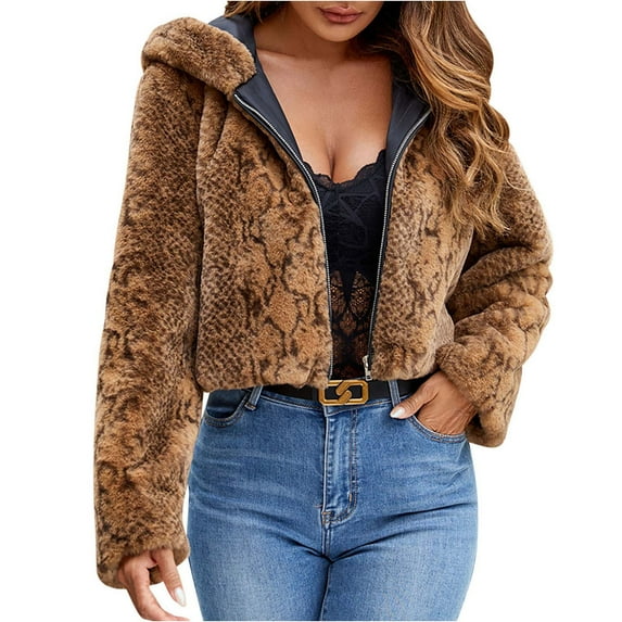 Women's Fashion Leopard Printed Faux Fur Cropped Coat Full Zip Winter Warm Crop Fleece Jacket with Hood