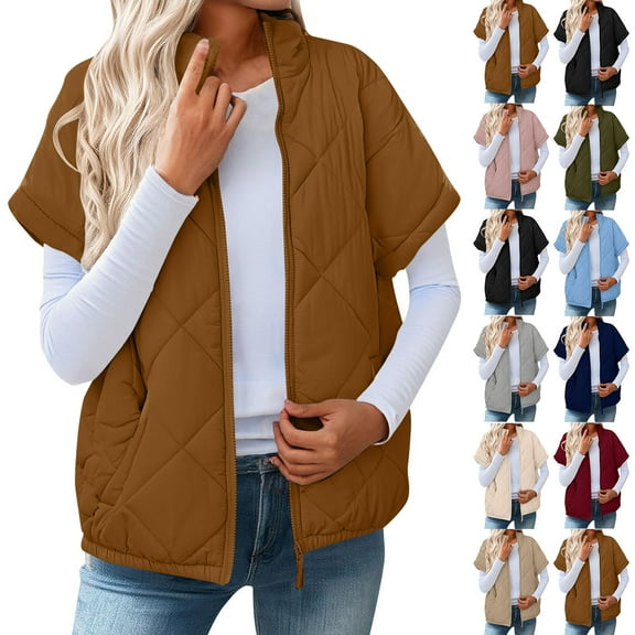 Women's Fashion Light Jacket Stand Collar Multicolor Zipper Button Coat for Fall and Winter, Casual Zipper Pocket Diamond Pattern Vest, Winter Clothes for Women,Navy,M