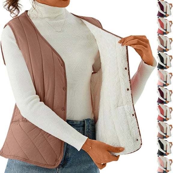 Women's Fashion Light Jacket Stand Collar Multicolor Zipper Button Coat for Fall and Winter, Fleece Lined Vest, Winter Clothes for Women,Khaki,XL