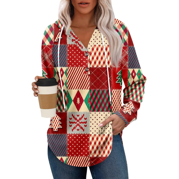 Women's Fashion Lightweight Long Sleeve Pullover With Pockets Preppy Graphic Hoodie for Casual Wear and Button Details