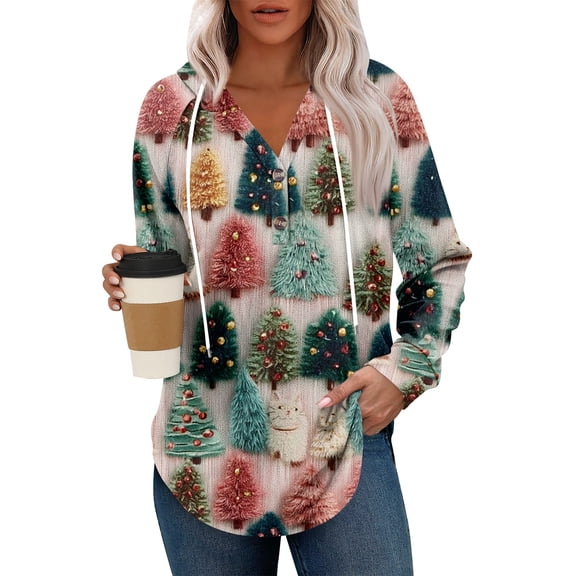 Women's Fashion Lightweight Long Sleeve Pullover With Pockets Preppy Graphic Hoodie with Christmas Print for Casual Wear
