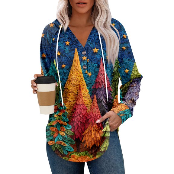 Women's Fashion Lightweight Long Sleeve Pullover With Pockets Preppy Graphic Hoodie with Christmas Print for Casual Wear