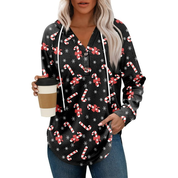 Women's Fashion Lightweight Long Sleeve Pullover With Pockets Preppy Graphic Hoodie with Christmas Print for Casual Wear