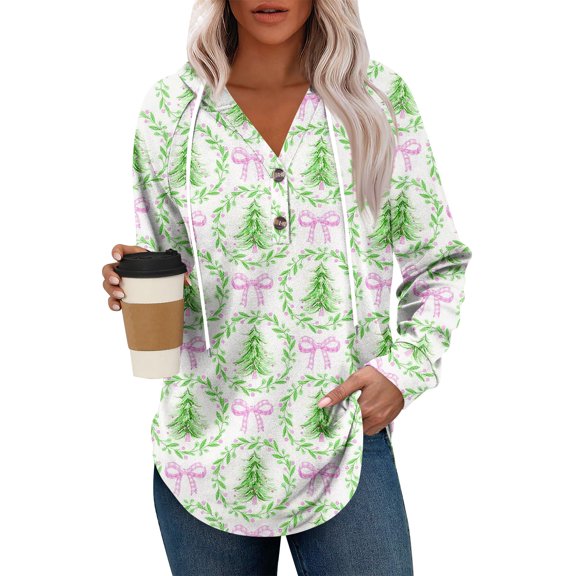 Women's Fashion Lightweight Long Sleeve Pullover With Pockets Preppy Graphic Hoodie with Christmas Print for Casual Wear