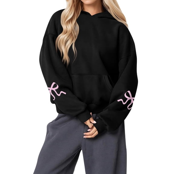 Women's Fashion Lightweight Long Sleeve Pullover with Pockets Preppy Graphic Hoodie with Bow Print for Casual Style,Black,2XL