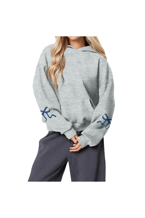 Women's Fashion Lightweight Long Sleeve Pullover with Pockets Preppy Graphic Hoodie with Bow Print for Casual Style,Gray,M