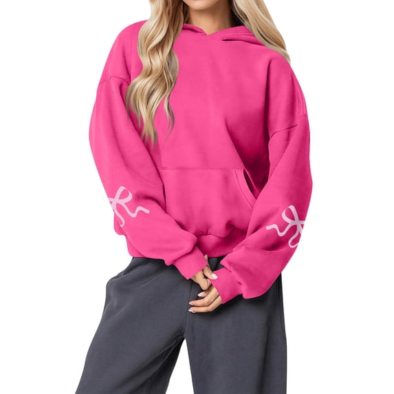 Women's Fashion Lightweight Long Sleeve Pullover with Pockets Preppy Graphic Hoodie with Bow Print for Casual Style,Hot Pink,2XL