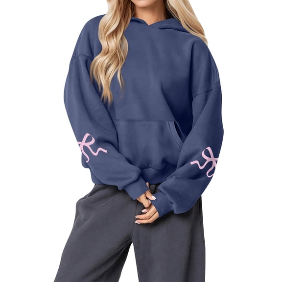 Women's Fashion Lightweight Long Sleeve Pullover with Pockets Preppy Graphic Hoodie with Bow Print for Casual Style,Navy,S