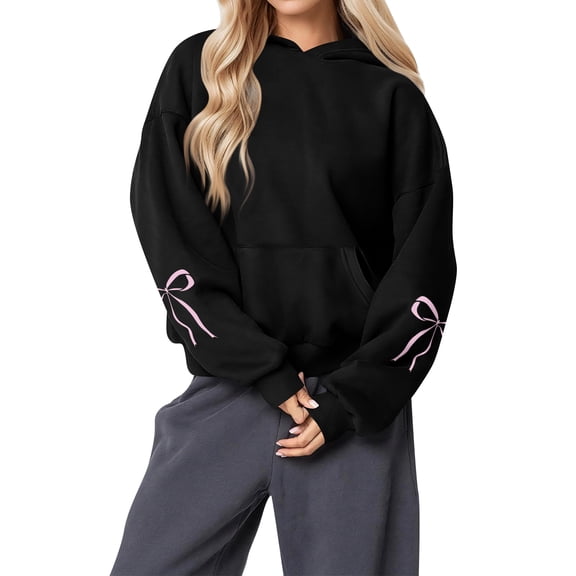 Women's Fashion Lightweight Long Sleeve Pullover with Pockets Preppy Graphic Hoodie with Bow Print for Everyday Wear,Black,L