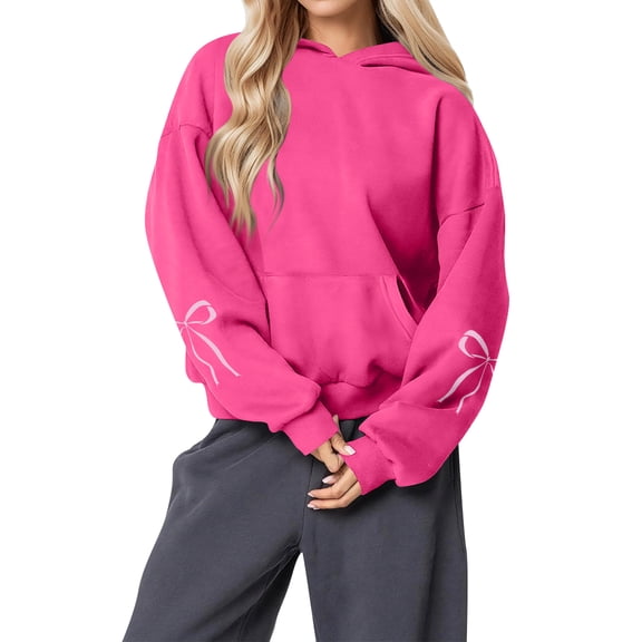 Women's Fashion Lightweight Long Sleeve Pullover with Pockets Preppy Graphic Hoodie with Bow Print for Everyday Wear,Hot Pink,S