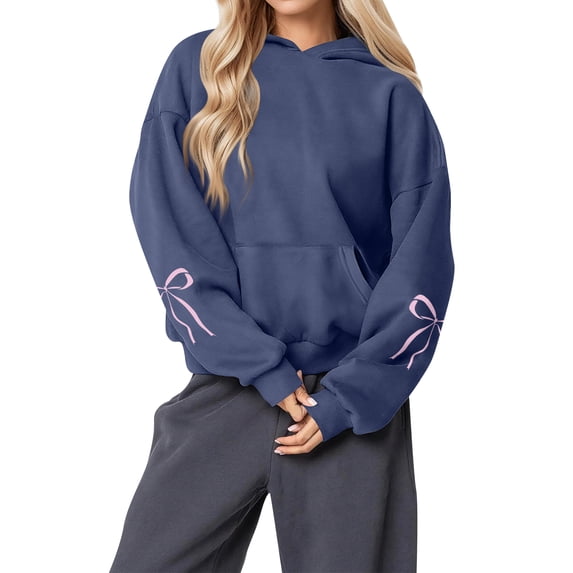 Women's Fashion Lightweight Long Sleeve Pullover with Pockets Preppy Graphic Hoodie with Bow Print for Everyday Wear,Navy,XL