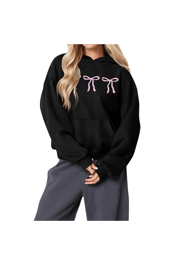 Women's Fashion Lightweight Long Sleeve Pullover with Pockets Preppy Graphic Hoodie with Bow Print for Fashion Looks,Black,M