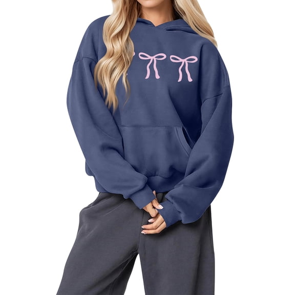 Women's Fashion Lightweight Long Sleeve Pullover with Pockets Preppy Graphic Hoodie with Bow Print for Fashion Looks,Navy,S
