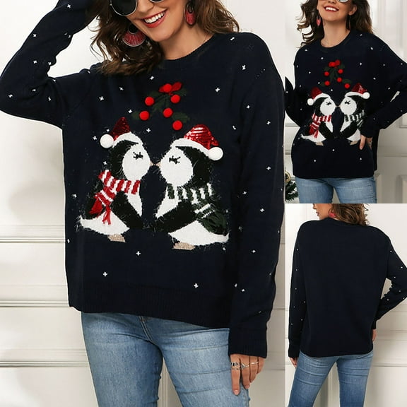 Women's Fashion Little Penguin Loose Long Sleeve Sweater Pullover Christmas Sweater for Fall and Winter, Cute and Cozy, Ideal as Christmas Sweaters for Women and Christmas Gifts,Dark Blue,Size M