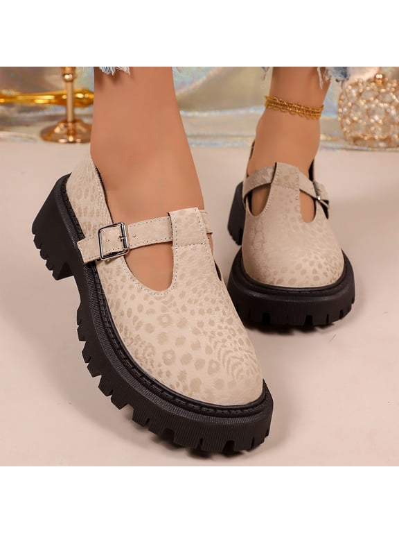Women's Fashion Loafers,Leopard Print PU Leather Slip-on Thick-Soled Loafers Adjustable Buckle Chunky Lug Sole Platform Casual Shoes
