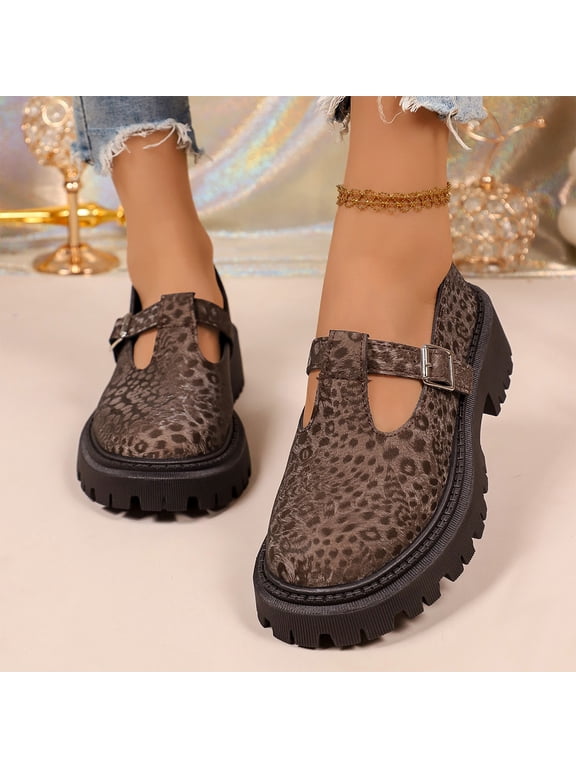 Women's Fashion Loafers,Leopard Print PU Leather Slip-on Thick-Soled Loafers Adjustable Buckle Chunky Lug Sole Platform Casual Shoes