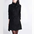 thumbnail image 1 of Women's Fashion Long-Sleeve Button Trench Coat - Mid-Length Belted Winter Outerwear, Black, M, 1 of 3