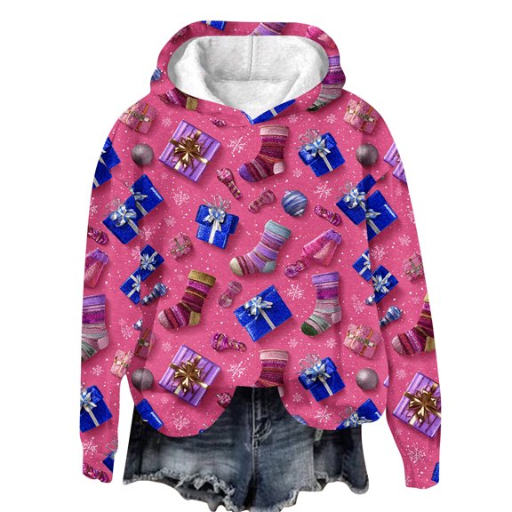 Women's Fashion Long Sleeve Christmas Print Loose Hooded Sweatshirt Top for Casual and Holiday Wear with Festive Design