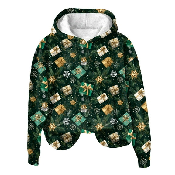 Women's Fashion Long Sleeve Christmas Print Loose Hooded Sweatshirt Top with Snowflake Design for Casual and Holiday Wear