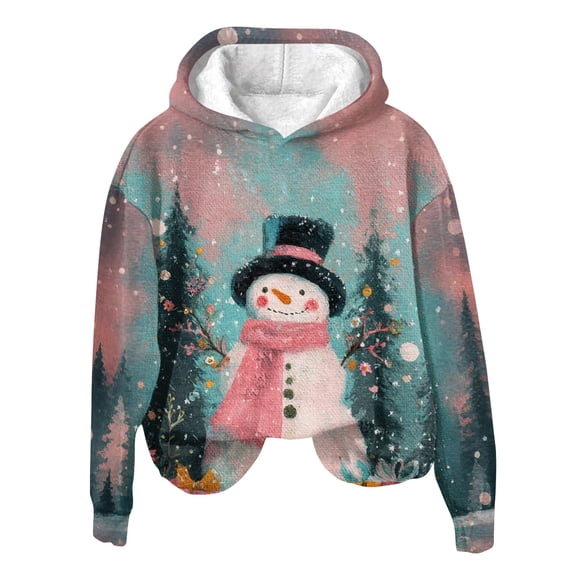 Women's Fashion Long Sleeve Christmas Print Loose Hooded Sweatshirt Top with Snowman Design for Casual and Holiday Wear
