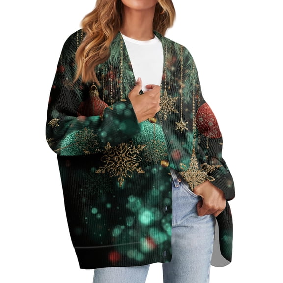 Women's Fashion Long Sleeve Christmas Print V-Neck Button Loose Cardigan Top, Knit Sweater for Casual Outfits and Comfort,Army Green,S