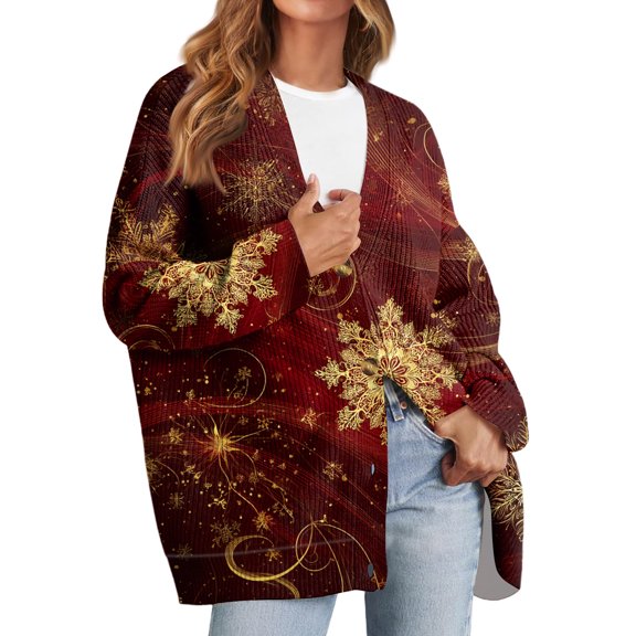 Women's Fashion Long Sleeve Christmas Print V-Neck Button Loose Cardigan Top, Knit Sweater for Casual Outfits and Comfort,Red,S