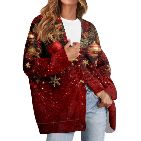 Women's Fashion Long Sleeve Christmas Print V-Neck Button Loose Cardigan Top, Knit Sweater for Casual Outfits and Comfort,Red,S