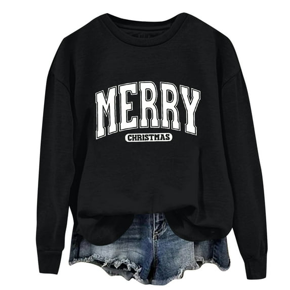 Women's Fashion Long Sleeve Christmas Printed Round Neck Loose Pullover Sweater Top for Holiday Season and Comfortable Casual Wear,Black,XL