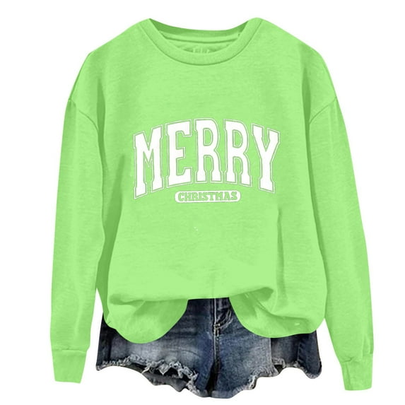 Women's Fashion Long Sleeve Christmas Printed Round Neck Loose Pullover Sweater Top for Holiday Season and Comfortable Casual Wear,Green,2XL