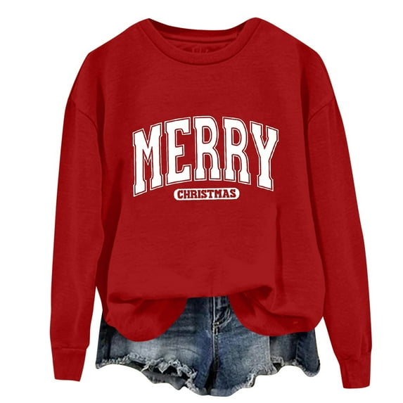 Women's Fashion Long Sleeve Christmas Printed Round Neck Loose Pullover Sweater Top for Holiday Season and Comfortable Casual Wear,Red,L