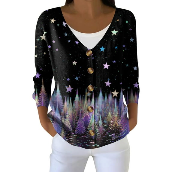 Women's Fashion Long Sleeve Christmas Snowman Snowflake Print Jacket Cardigan for Holiday Party and Casual Daily Wear,Multicolor,S