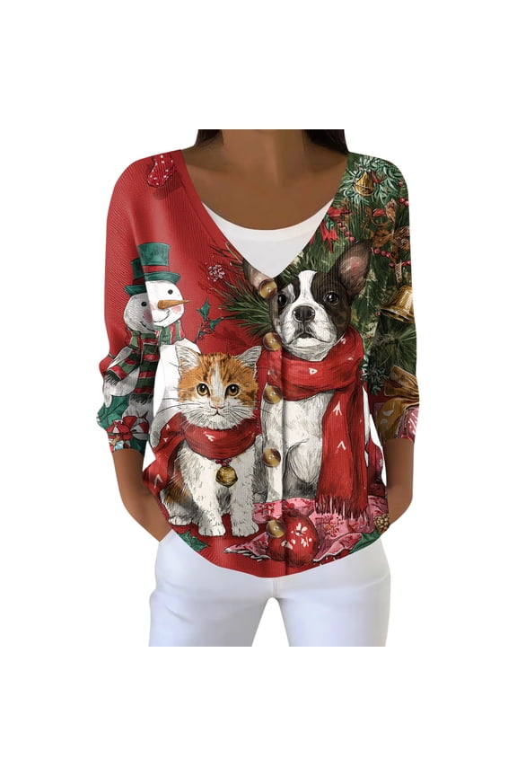 Women's Fashion Long Sleeve Christmas Snowman Snowflake Print Jacket Cardigan for Holiday Party and Casual Daily Wear,Red,S