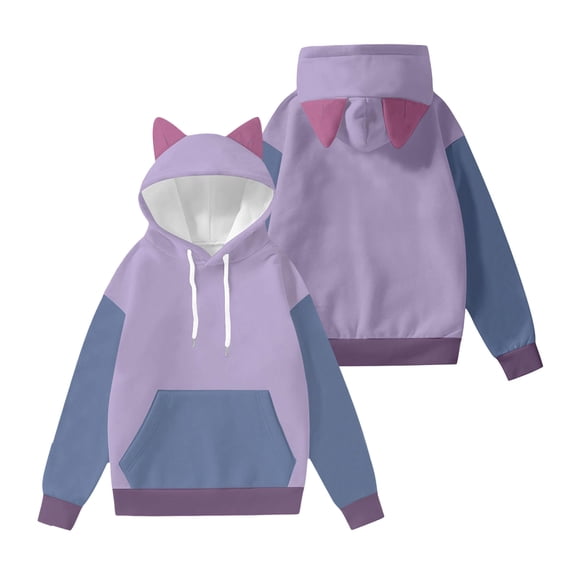 Women's Fashion Long Sleeve Color Blocked Printed Hooded Sweatshirt with Ears for Comfortable and Stylish Daily Use,Purple,S