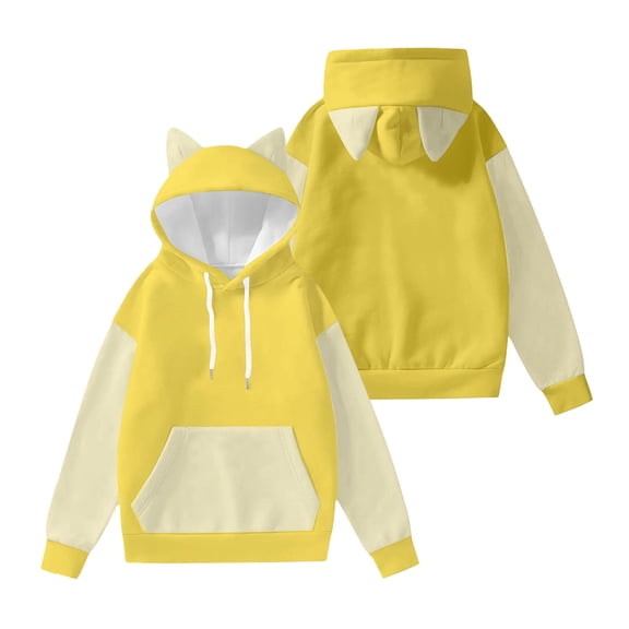 Women's Fashion Long Sleeve Color Blocked Printed Hooded Sweatshirt with Ears for Comfortable and Stylish Daily Use,Yellow,2XL