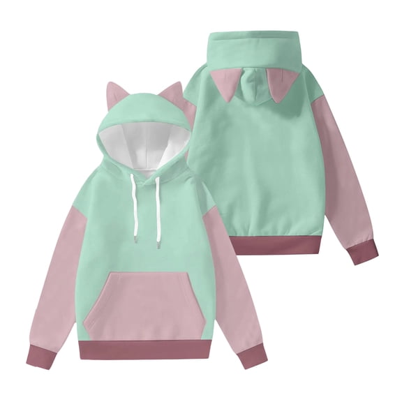 Women's Fashion Long Sleeve Color Blocked Printed Hooded Sweatshirt with Ears for Cute and Trendy Casual Outfits,Light Green,S