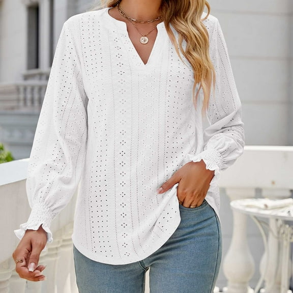 Women's Fashion Long Sleeve Hollow Ruffle Sleeve T Shirt Eyelet Dressy Casual V Neck Tops Blouse Silk Shirt Womens Dress Shirts Button down Women T Shirts Blouses V Neck T Shirts Women Pack Tie Bottom