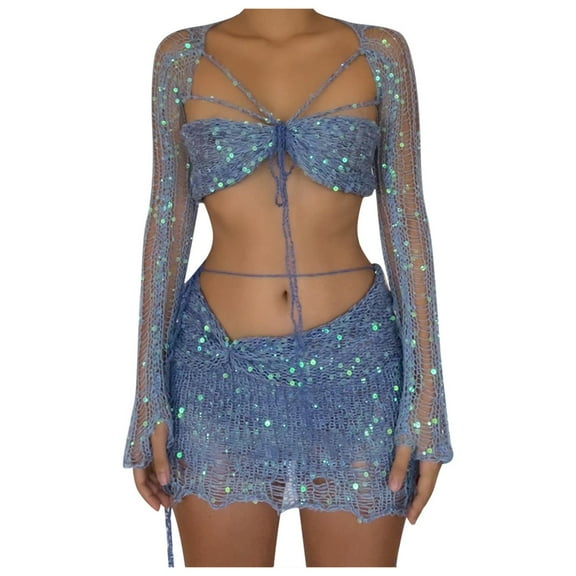 Women's Fashion Long Sleeve Knit Crop Top Skirt Set 3 Piece Turtleneck Ribbed Sweater Suit(Size:L)