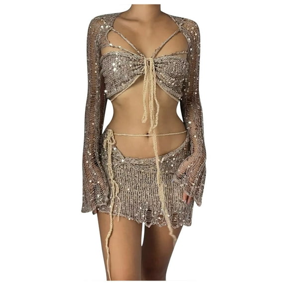 Women's Fashion Long Sleeve Knit Crop Top Skirt Set 3 Piece Turtleneck Ribbed Sweater Suit(Size:L)