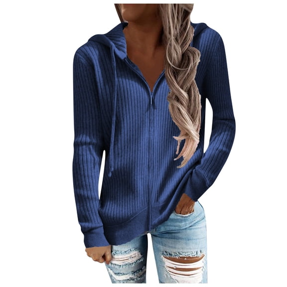 Women's Fashion Long Sleeve Open Front Hooded Cardigan with Zip Up Closure, Soft Casual Knit Sweatshirt Coat for Outdoor Activities and Lounge, Designed for Comfort and Style in Blue M