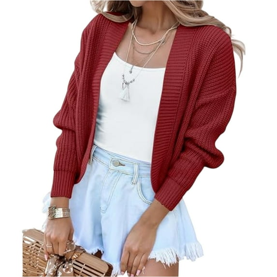 Women's Fashion Long Sleeve Open Front Knit Cropped Cardigan Sweaters Solid Color Casual Drop Shoulder Short Shrugs Sweater Coats