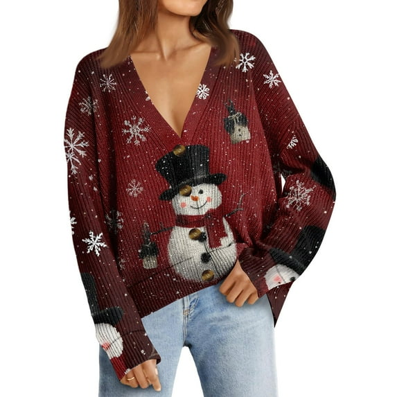 Women's Fashion Long Sleeve Snowman Print V-Neck Button Down Loose Fit Knit Cardigan Top for Christmas Holiday Party Outfit and Casual Fashion,Wine,XL